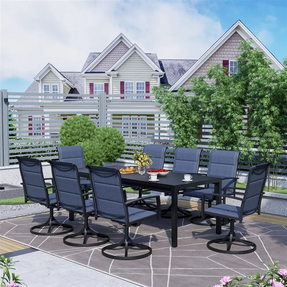 9-Piece Outdoor Dining Set,  Extendable Table & 8 Blue Foam Padded Textilene Swivel Chairs for Patio Garden Poolside. What a outdoor Sit-Down Celebration!!!