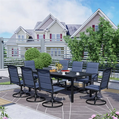 9-Piece Outdoor Dining Set,  Extendable Table & 8 Blue Foam Padded Textilene Swivel Chairs for Patio Garden Poolside. What a outdoor Sit-Down Celebration!!!