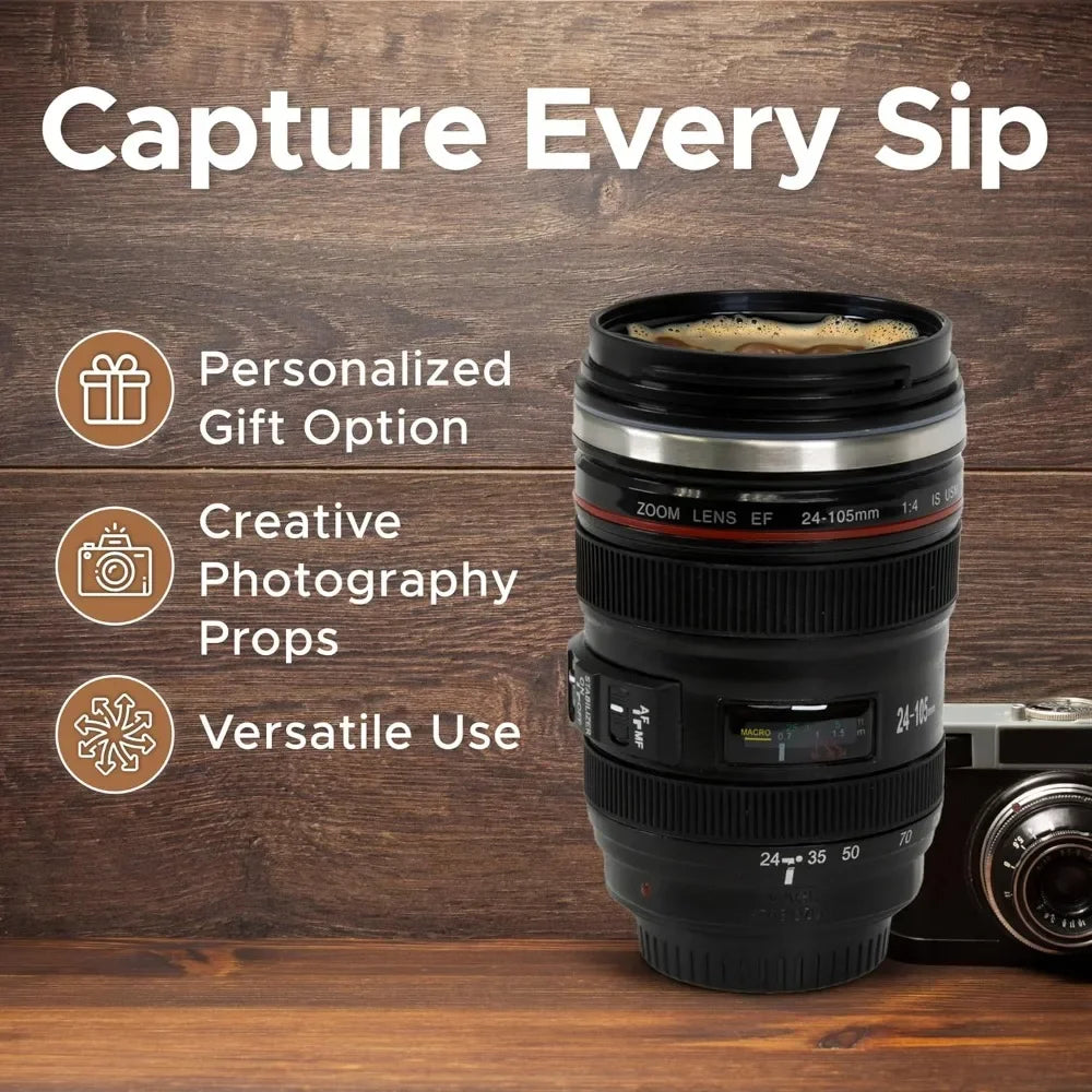 1pc SLR Lens  COFFEE CUP Camera.  Camera Lens Model, Stainless Steel Casual Cup with Lid,  Coffee Mug White/ Black.  Coffee Mug /Creative Gift FOR The photographer IN YOUR FAMILY.  PS:  Its almost FATHERS DAY!!!!!