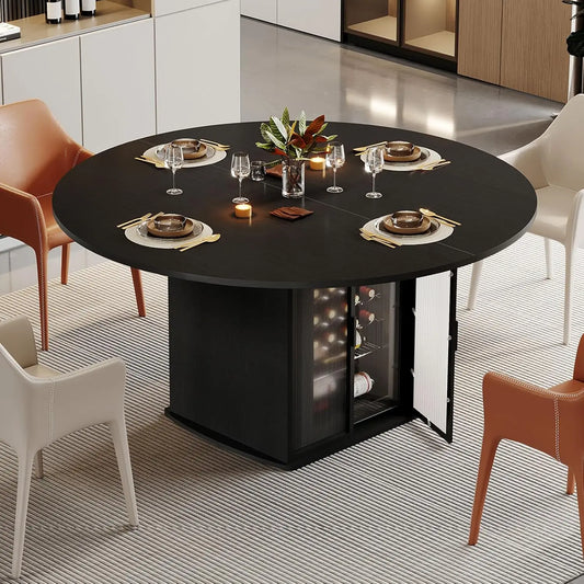 Round Black Dining Table for 4-6, 47 Inch Kitchen Table with Fridge Space, Industrial Dining Room Table