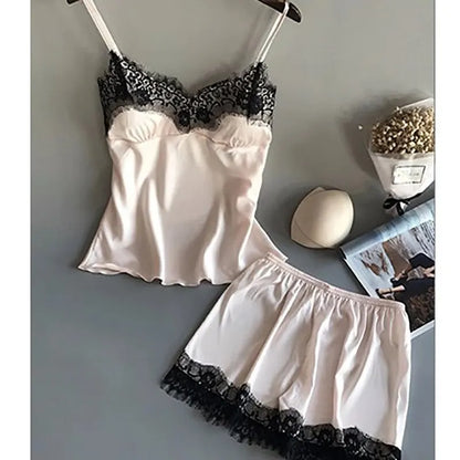 Women's Halter Pajamas 2 PCS Camisole And Shorts Home Wear Red Black Sexy Lace S M Ventilate Comfort