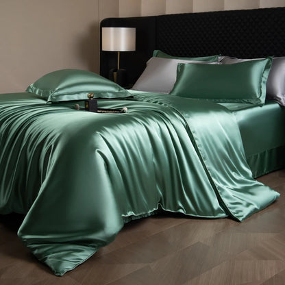 Silk Bed Sheets Set,   Luxury Bedding Set with Duvet Cover,  Fitted/Flat Bedsheet,  Pillowcases, Mixed with Rayon, King /Queen/ Full T/win