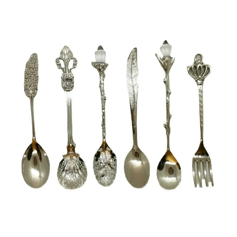 6pcs Vintage Spoons /Fork Royal Style Gold Carved Coffee,  Tea,  Spoon Snacks,  Fruit,   Dessert Fork/ Cutlery Set Serving Pieces