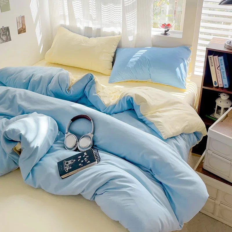 Solid Bed Linen Cotton Bedding Set 4pcs with Sheet Duvet Cover,  Pillowcases, Single/  Couple Bedsheet Single / Couple Twin Size