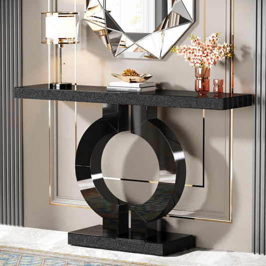 43-Inch Modern Mirrored Console Table,, Glass Sofa Table with Mirror Finish, Entryway Table with O-Shaped Base, Rectangular in Shape