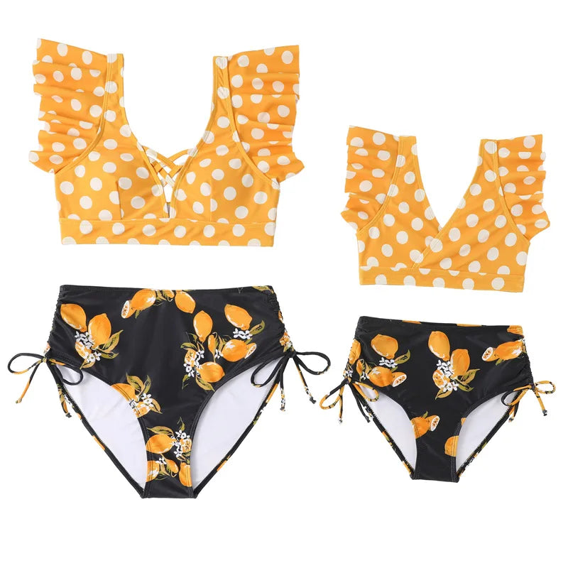 Ruffled Mother /Daughter Matching Swimsuits,  O-Neck,  Mom /Baby,  Woman /Girls Swimwear