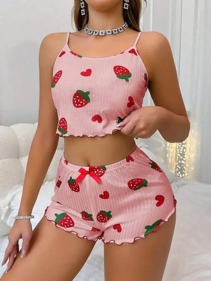 Summer Strawberry Print,  2 Piece Pajama Set.   Women's Casual Sleepwear Suspender Crop Tops and Shorts Comfortable Home Wear.Perfect Gift for MOTHERS DAY