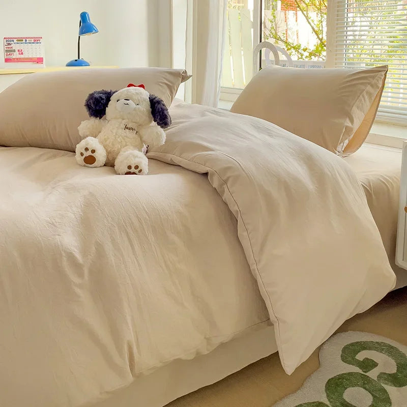 Solid Bed Linen Cotton Bedding Set 4pcs with Sheet Duvet Cover,  Pillowcases, Single/  Couple Bedsheet Single / Couple Twin Size
