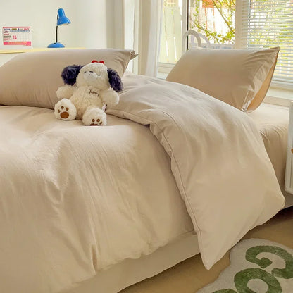 Solid Bed Linen Cotton Bedding Set 4pcs with Sheet Duvet Cover,  Pillowcases, Single/  Couple Bedsheet Single / Couple Twin Size