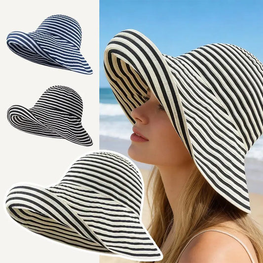 Women's Summer Wide Brim Sun Hat,  Colorful Stripe d Straw Bucket Hat,  Foldable Outdoor Beach Fisherman Hat,  UV Protection Cap.  COLOR "A"  ON  image is gone (A)color.  COLORS "B and C" ARE Available