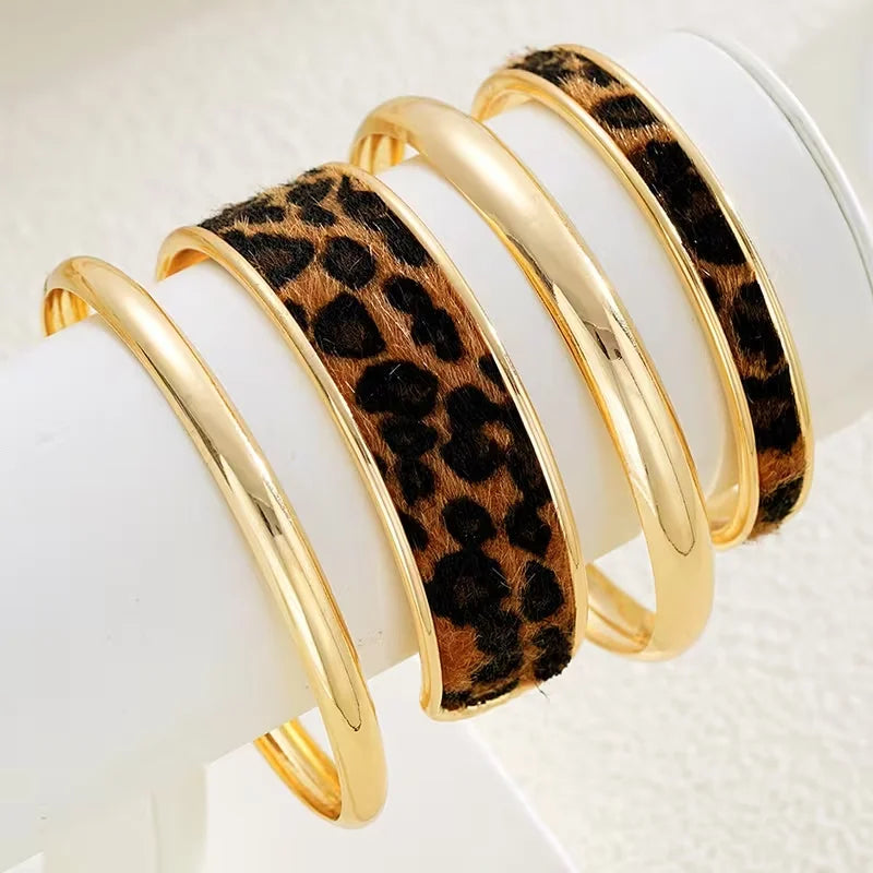 4pcs Bohemian Leopard Print Bracelet Set for Women , Retro Elegant Minimalist PU Leather Bangles,  Daily Wear Jewelry, Gift
