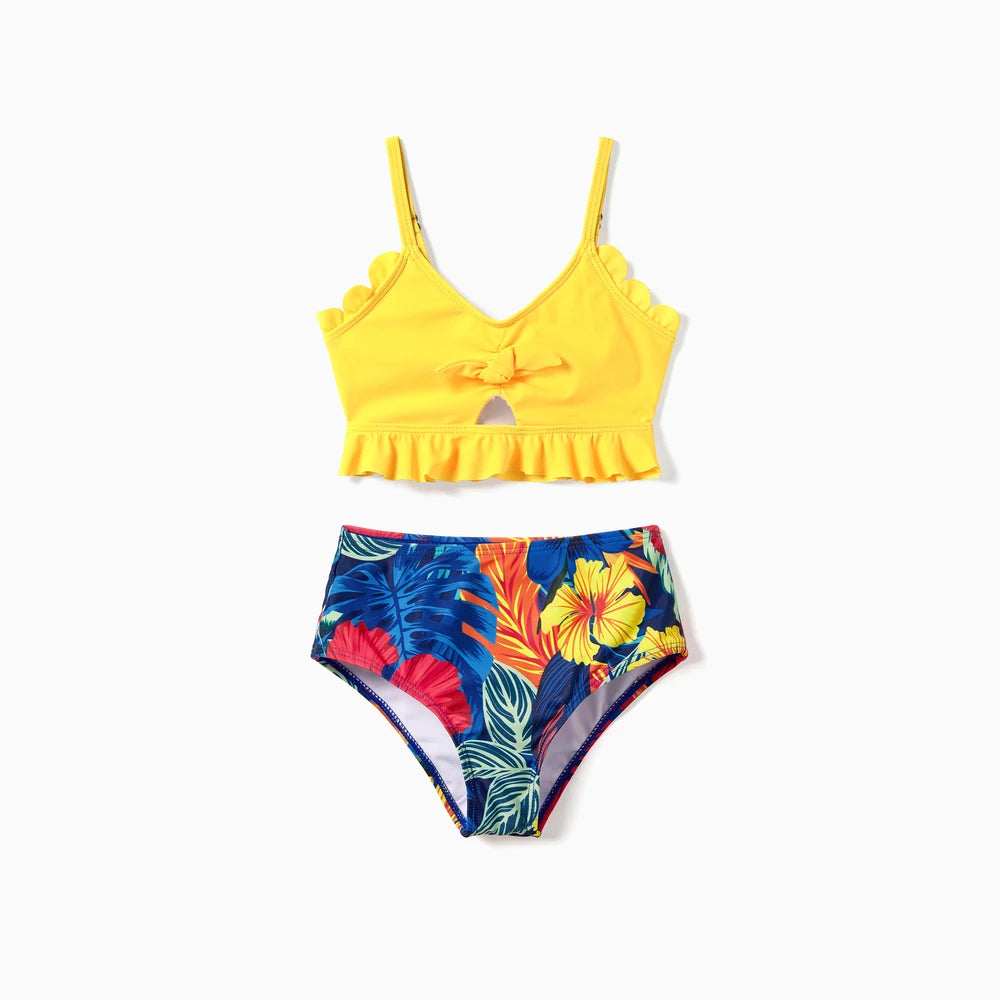 Family Matching Swimwear Set, Floral Design, Fabric Stitching, Medium Thickness