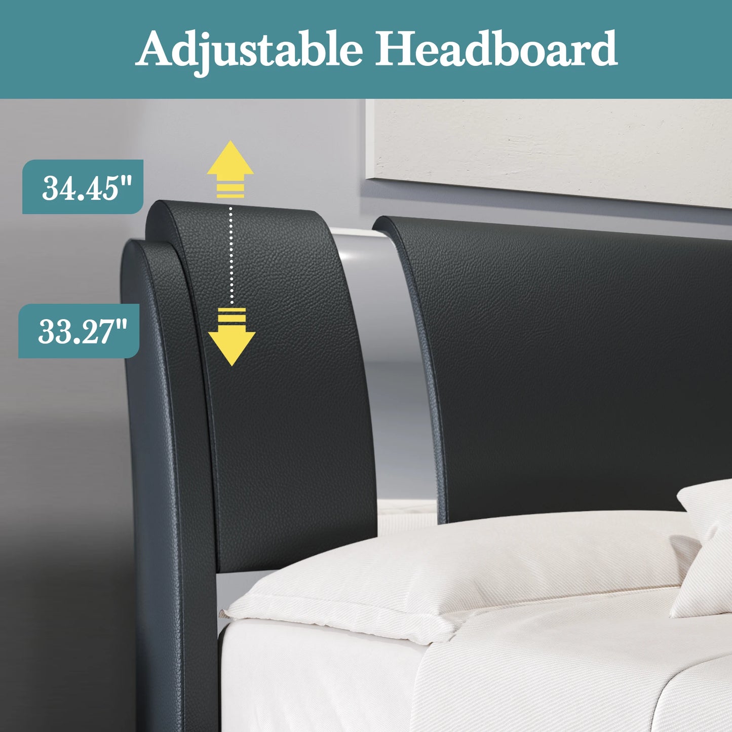 Modern Faux Leather Bed Frame with Iron Pieces  for Decor, Low Profile Platform Bed with Height-Adjustable Headboard