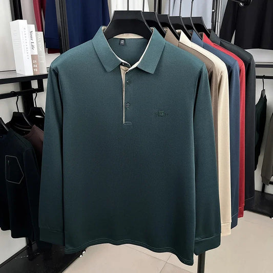2026 Men's Business Casual Long Sleeved Shirt with Badge,   Solid Colors  of Polo Shirts.   Fashionable, Comfortable, Versatile. Nice Colors.