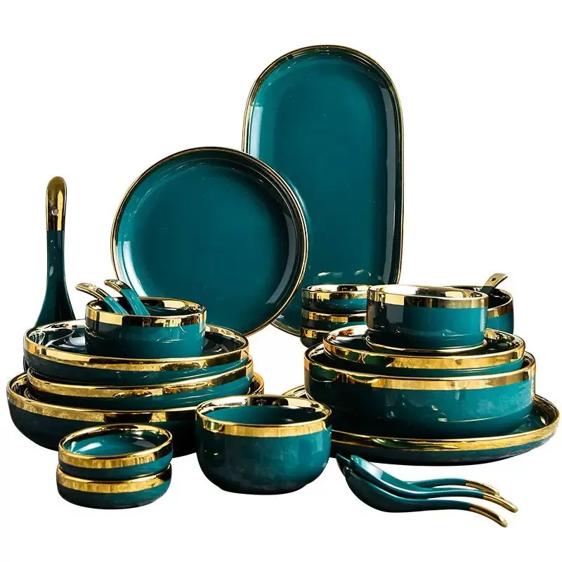 Luxury Forest Green Ceramic Dinnerware Set,  Including  Shallow Plates,  Rice,  Soup Bowls,  Fish,  Dish And Spoon
