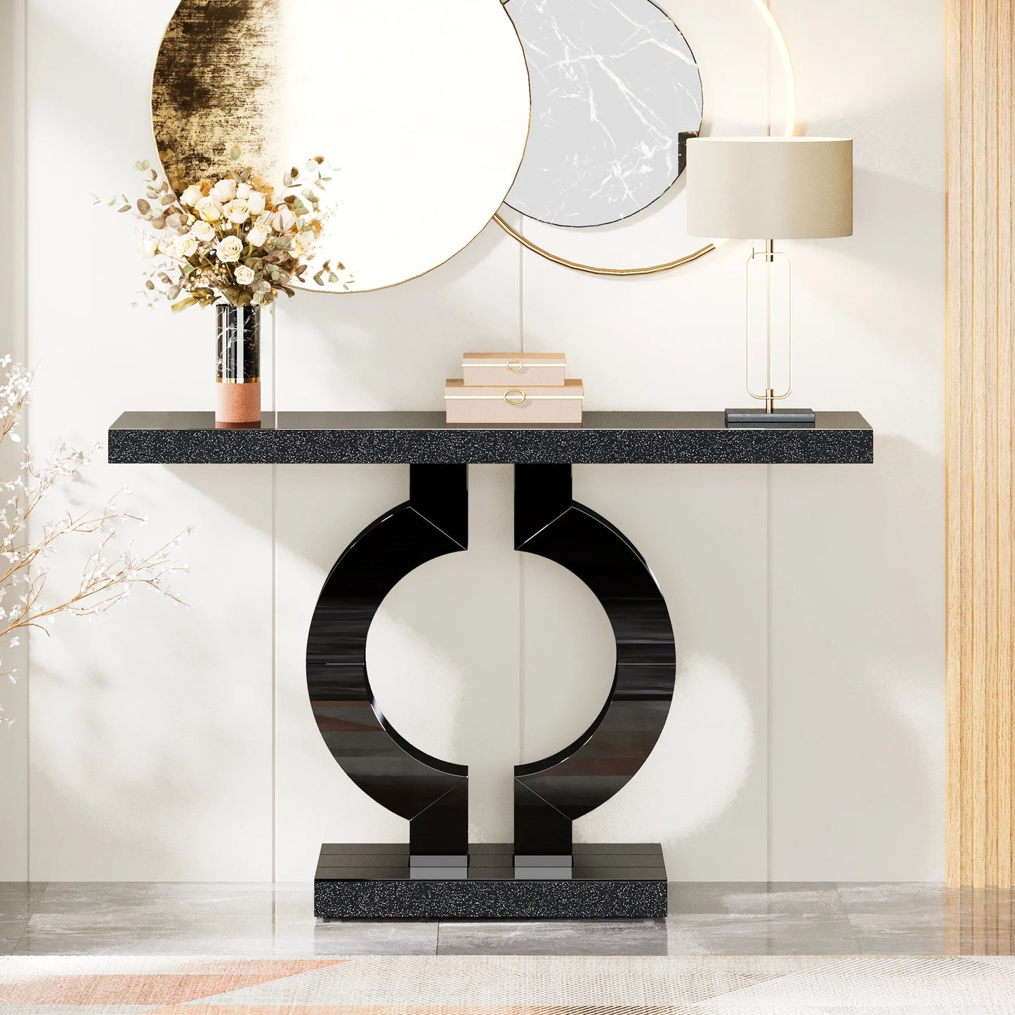 43-Inch Modern Mirrored Console Table,, Glass Sofa Table with Mirror Finish, Entryway Table with O-Shaped Base, Rectangular in Shape