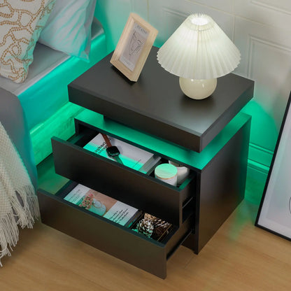 Cube LED Nightstand with 2 Drawers, End Table with RGB LED Lights for Bedroom, Living Room, in White