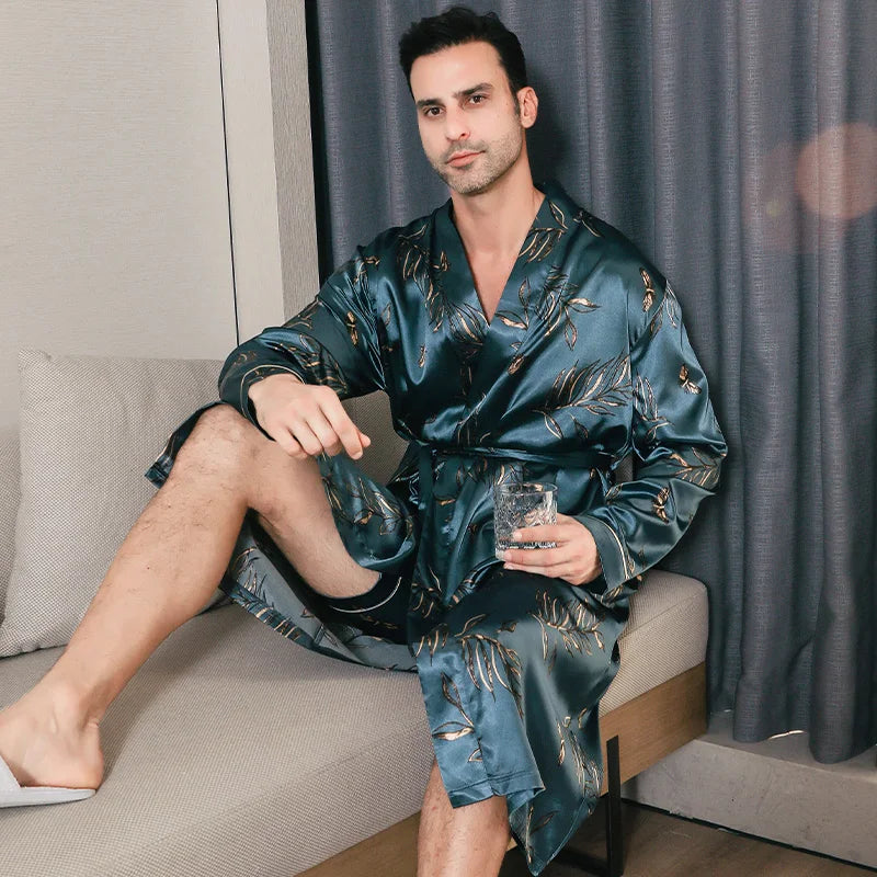 Men's spring and autumn silk,  thin,  style-oversized pajamas,  long sleeved bathrobes,  ice silk bathrobes,  clothing  forsummer