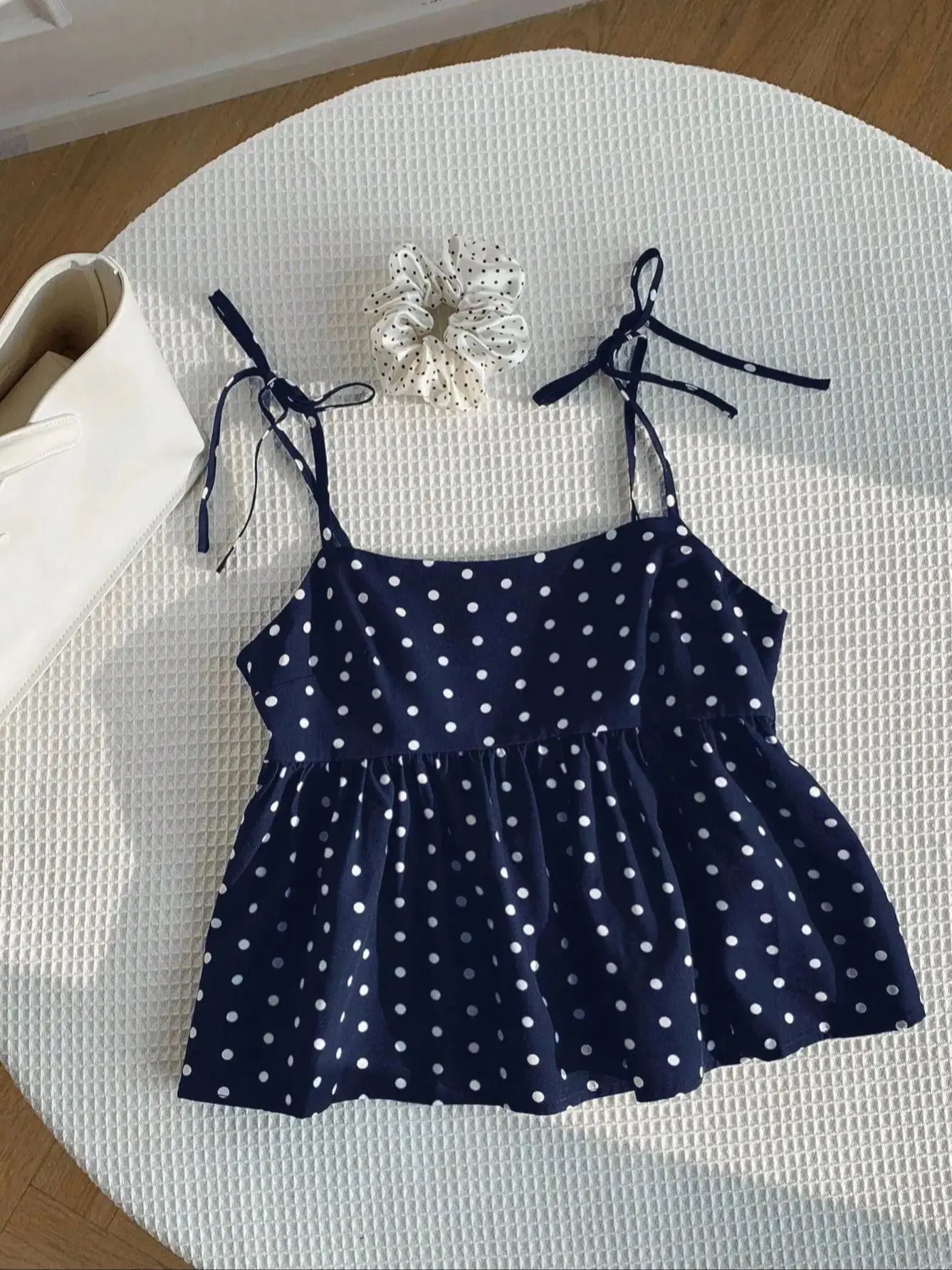 Women's Polka Dot Crop Cami With Spaghetti Straps And Flared He.  Polka Dot Camisole,  Babydoll Polkadot Top.