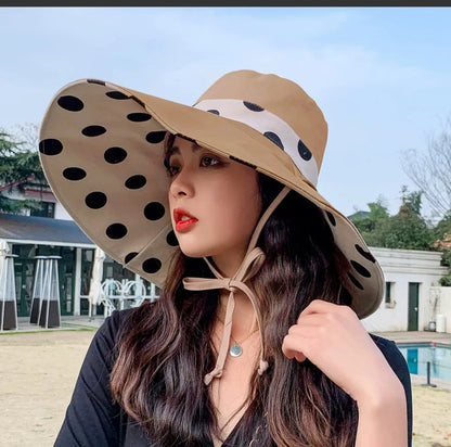 1pc Polka Dot Ribbonbucket Hat for Women, Large Wide Brim Summer Sun Hat,  Breathable Sunscreen Visor Cap for Beach, Sun,  Travel