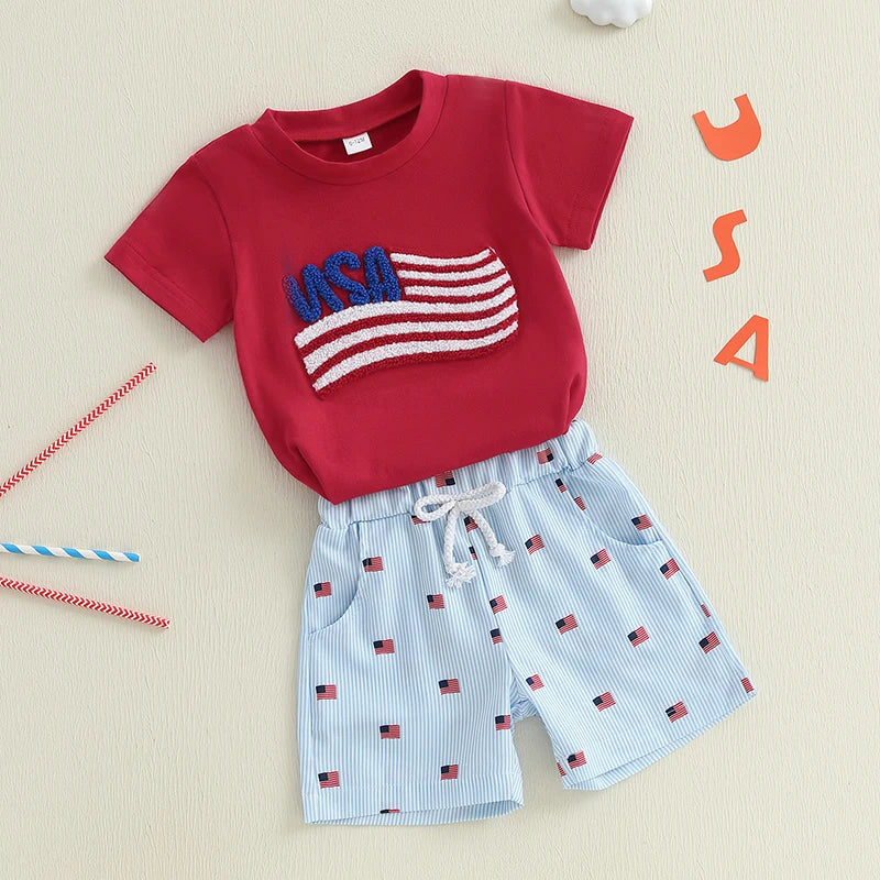 2025-02-22 Lioraitiin Baby Boys Patriotic Outfits Flag Embroidery Short Sleeves T-Shirt and Elastic Striped Shorts Clothes Set