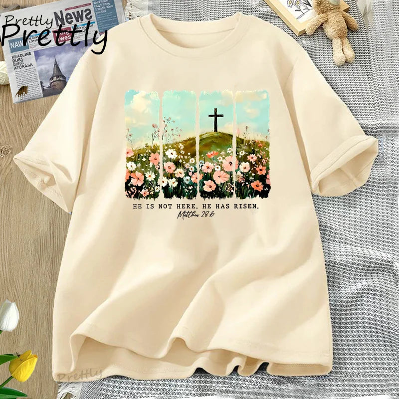 He Is Risen. Wildflower Print Tshirt  for Spring, Easter Designs. T-shirt Women Trendy Easter Christian