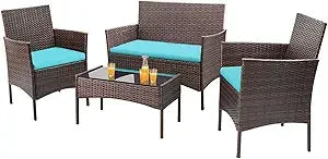 4 Pieces / Outdoor Patio Furniture Set with  Rattan Chairs,  Wicker Set, Outdoor / Indoor Use for  Backyard Porch,  Garden,  Poolside,  Balcony Furniture