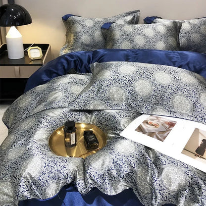 High-end Natural Mulberry Silky Blending Duvet Cover Set with Sheets,  Satin Blending, Silky Bedding Set,  Luxury Queen Bedding Sets