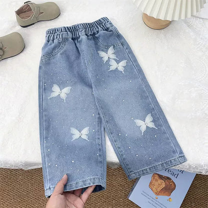 Girls Print Denim Pants.   New BlingBling Diamond Bow Jeans. Childrens  Clothes, Kids Straight Legged Pants,  Loose Trousers