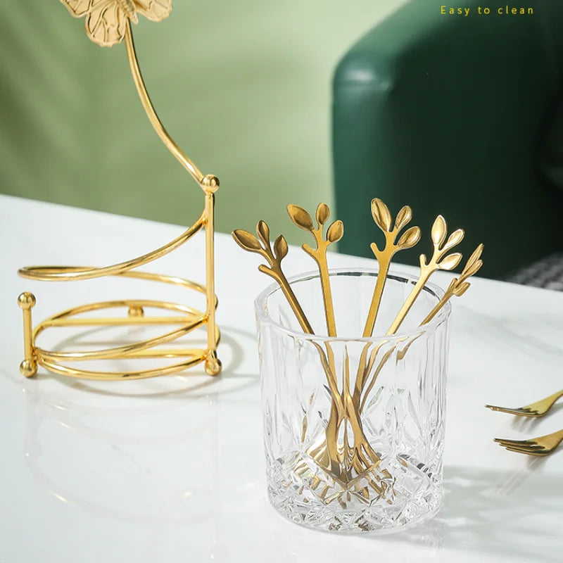 Stainless Steel Fruit Fork Spoon Set Tableware Storage Rack Golden Butterfly Cup Holder Home Dessert Cake Fork Home Decoration