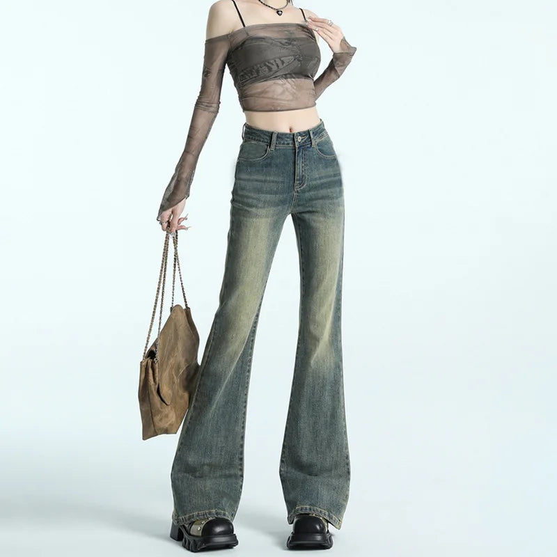 High Waist Slimming Denim Pants,   Retro American Style  FOR  Autumn New Fashionable Women's Pants,  Micro Flared Long Pants  OF STRETCHABLE Polyester