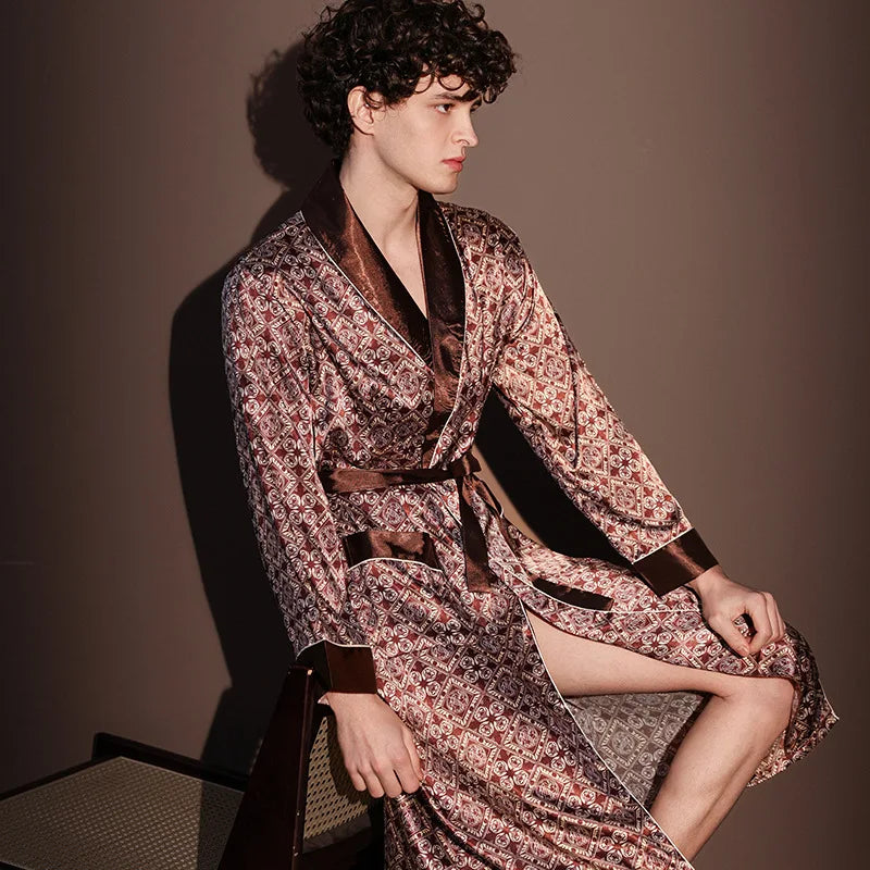 High Quality Nightrobes for  Men.   Summer Thin Bathrobe,  Large Size,  Ice Silk Printed Pajamas One-piece Robe, Loungewear, Spring