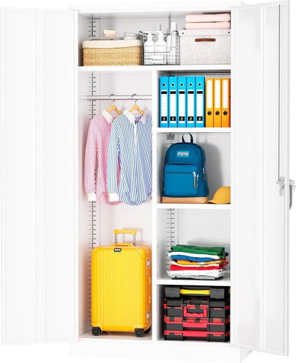 Metal Storage Cabinet with Lock,White Armoire Wardrobe Closet with Lockable Doors,72" H Storage Cabinets for Home