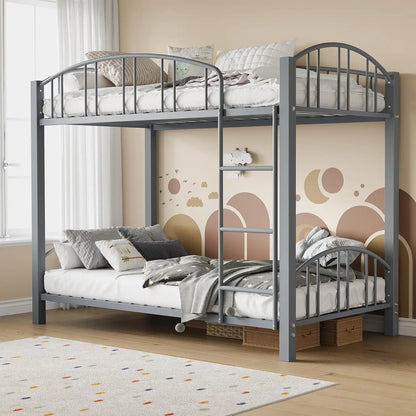 Metal Loft Bed Bunk Beds,  Twin Over Full Size with Heightened Safety Guardrail & Ladder, for School, Bedroom, Twin Size Grey