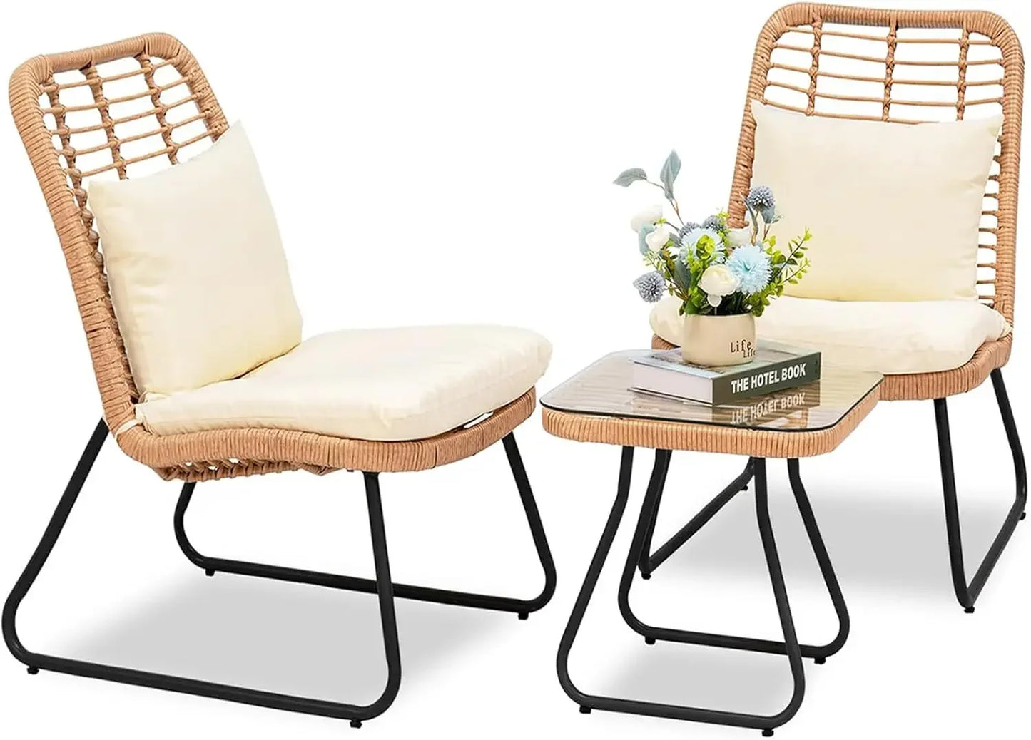 3 Piece Outdoor Wicker Bistro Set, Patio Conversation Sets w/2 Large Rattan Chairs and Tempered Glass Table, Patio Furniture. Small enough for a small porch or Garden Area