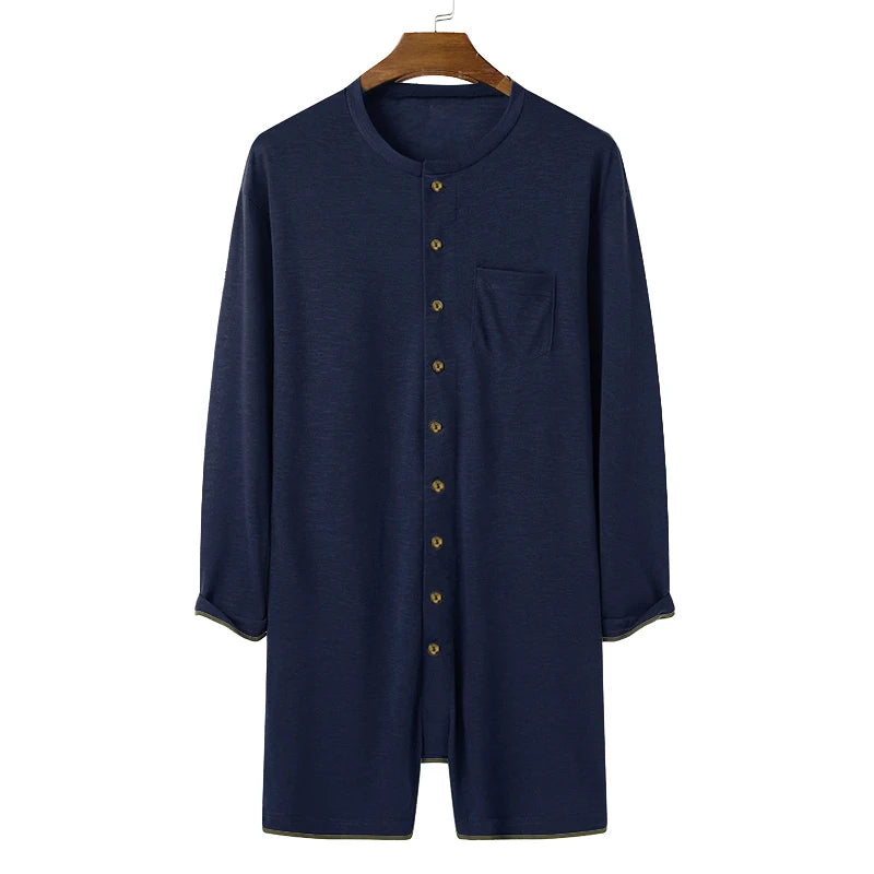 Men Sexy Pajamas /Jumpsuit. Solid Color, Tight O Neck,  Long Sleeve T Shirt and Shorts. One-piece Button-down Breathable Home Wear