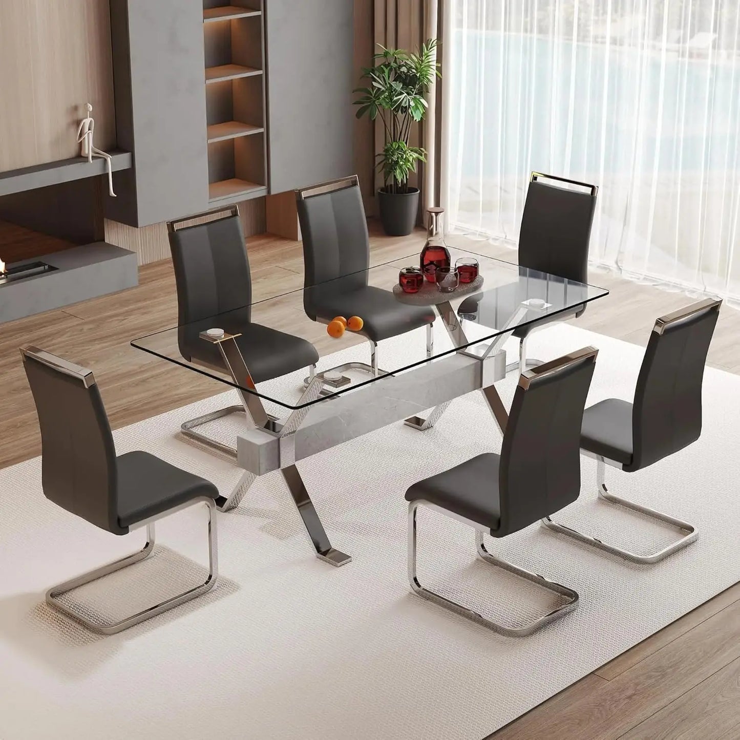 71“ Glass Dining Table Set for 6, Modern 7-Piece Dining Table Set,Rectanglular Tempered Glass Top and Metal Legs, Customized