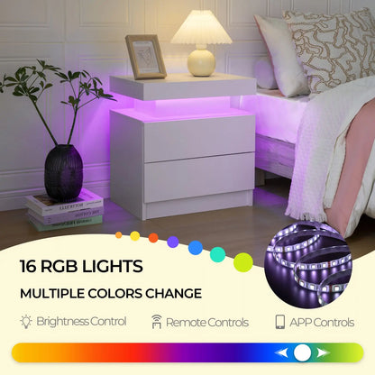 Cube LED Nightstand with 2 Drawers, End Table with RGB LED Lights for Bedroom, Living Room, in White