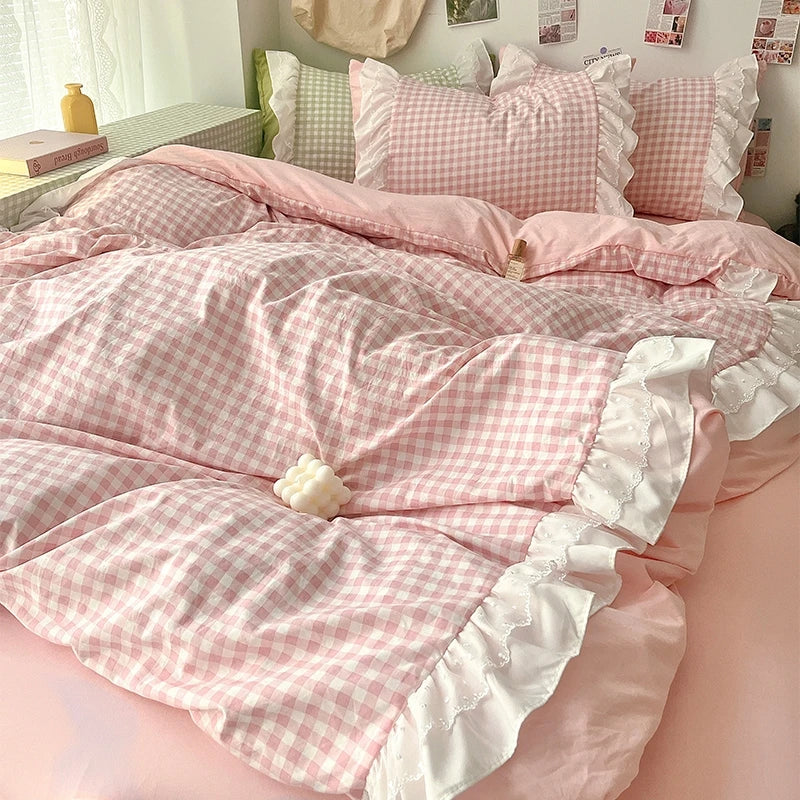 3 Piece Sheet Set  pink checked, Gingham Pattern,  duvet cover Set.  Comfortable Bedding Set for All Seasons