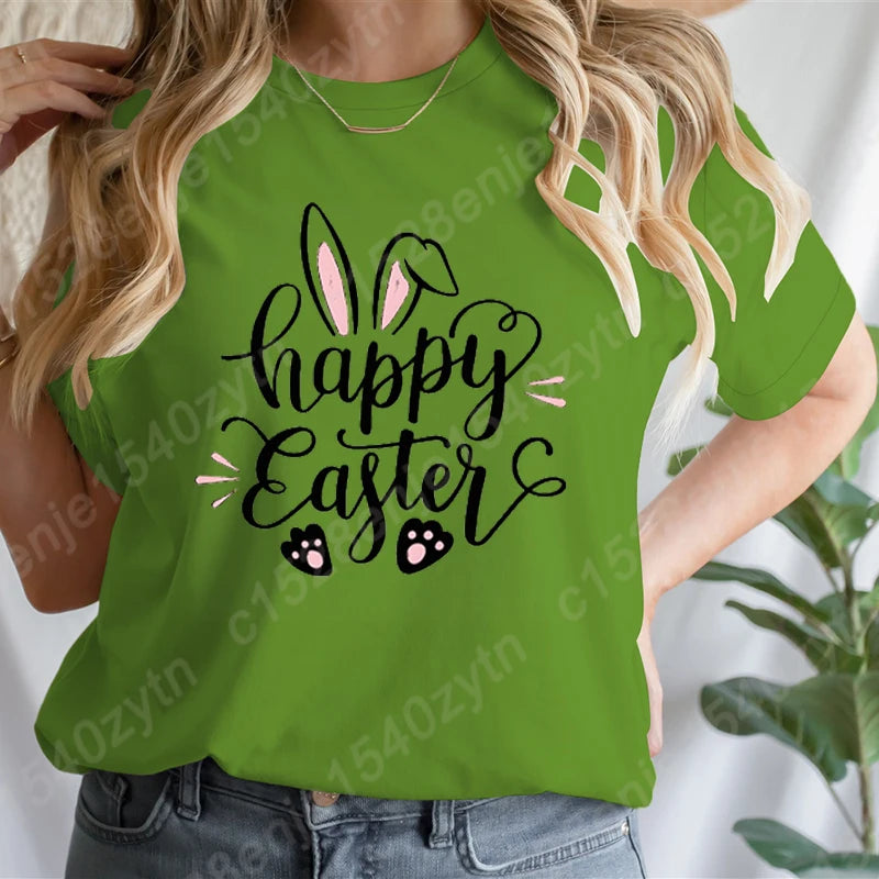 Cute Happy Easter Bunny Print T-Shirts  for Junior Women , Short Sleeve,  Round Neck Tee Shirt Casual,  Soft Summer,  Solid Color T Shirt /Tops