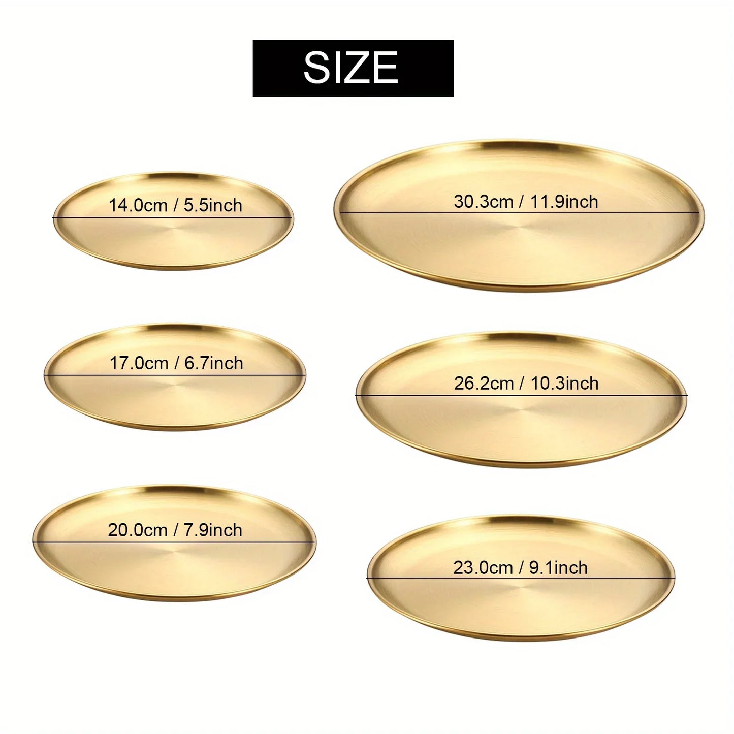 6Pcs Gold Stainless Steels Round Plate Rust-Proof Shallow Tray Plate Camping Plate,  Picnic Dishes Cookware,  There are 3 sizes left.  they are 30 cm, 26 cm, and 14 cm.  14 cm is the most available.