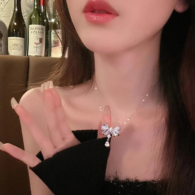 Fashion Pink Crystal Heart Bow Tie Pendant Necklace. Silver Color Chain.  Necklace for Women on Valentines for Aesthetic Jewelry