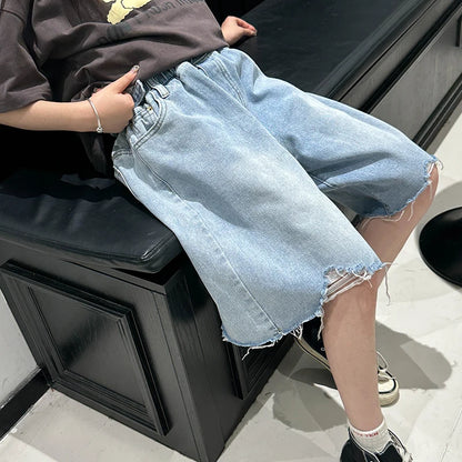 Girls' Denim Shorts for Kids .  Lightweight,  Five-Inch,  Loose-Fit,  Summer Pants for Big Kids.  Stylish Children's Shorts