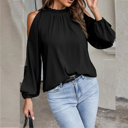 Autumn and Winter New Women's Clean Color Lotus Leaf Round Neck Long Sleeve Pleated Off Shoulder Fashion Women's Top.  3 colors all available.  BURGUNDY,  DARK GREEN, BLACK,  waiting for everyone to transition into the fall.