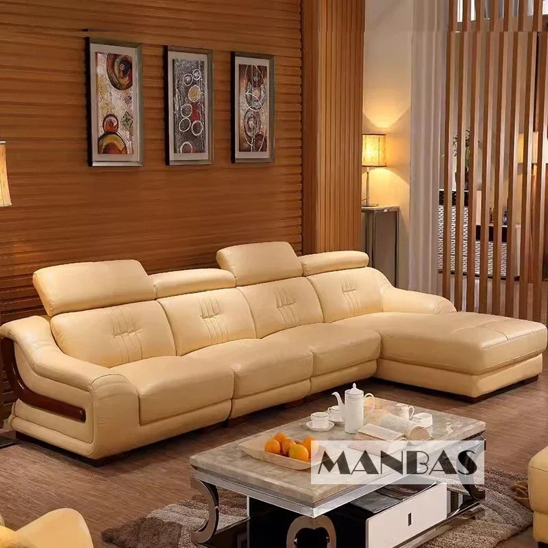 Premium Italian Genuine Leather Sofa Set.  Big Sectional Couch for Living Room,  With Adjustable Headrest