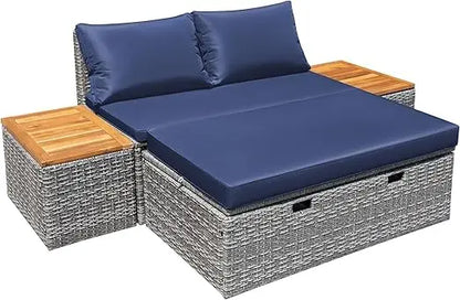 Patio/ Day Bed /Outdoor Daybed Set,  Multifunctional Rattan Lounge with 2 Side Tables for Backyard Porch,  Poolside,  Lawn, Beach