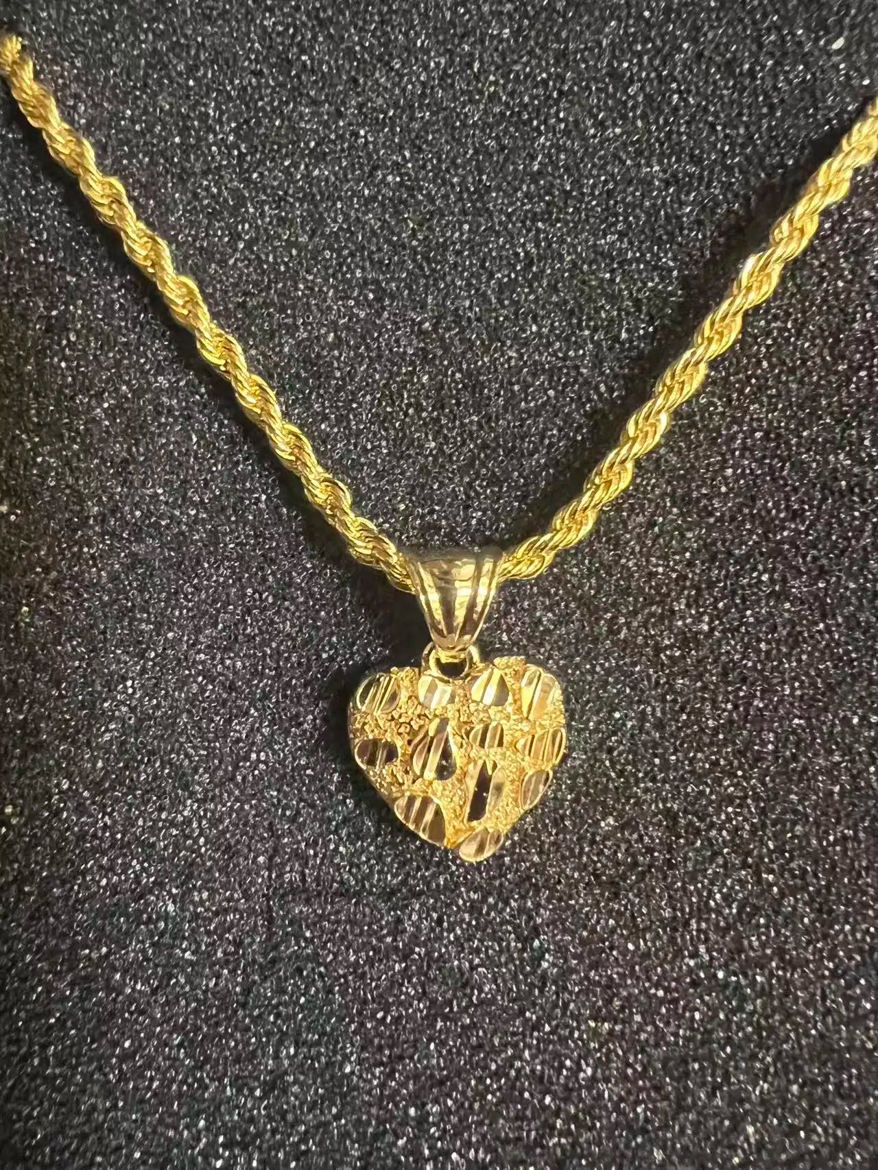 18K Gold Filled Rope Chain Necklace Nugget Heart Pendant