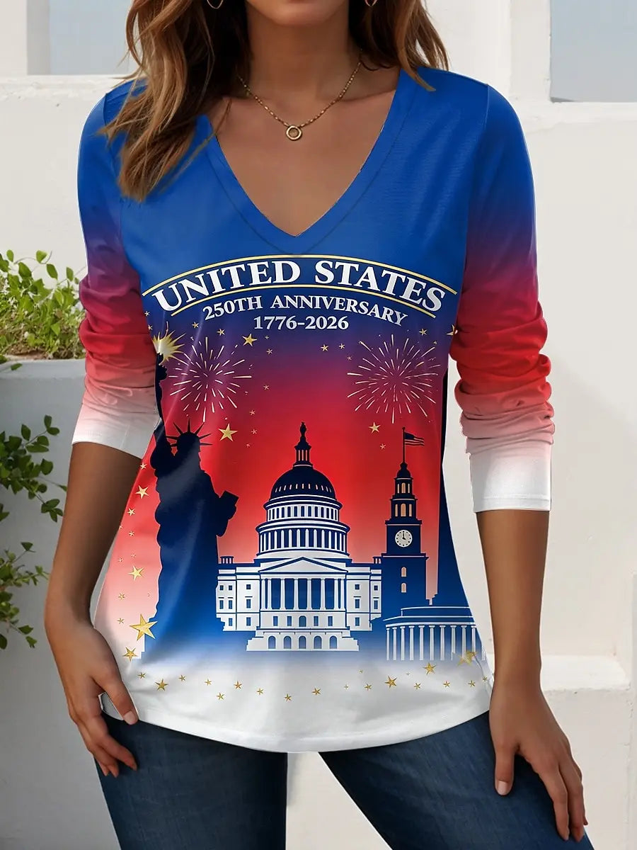 US Flag 250th anniversary Pattern Vintage Women's Long Sleeve T-shirt Summer 3D Print, polyester Tops Women Clothing