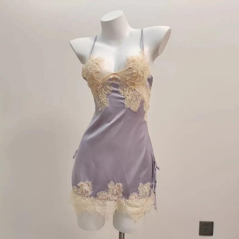Sexy Pajamas for Women Nightwear.   Ice Silk Lace,  Beautiful Back Suspender Pajama Night Dress,  Elegant Strap,  Sweet Nightgown