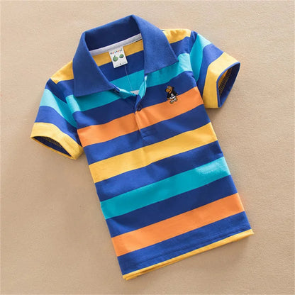 Summer Childrens Short Sleeve Stripe Tees.   Cartoon Bear Embroidery,  Tops Teens Breathable Polo Shirt Kids Clothing